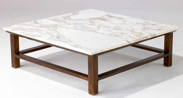 JOHN LLOYD WRIGHT Coffee table with white marble: JOHN LLOYD WRIGHT Coffee table with white marble top on wooden base. 15" x 39" sq.