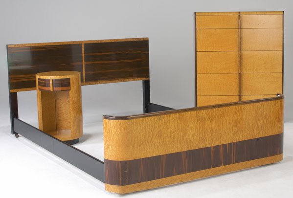 GILBERT RHODE / HERMAN MILLER Bedroom Suite: GILBERT RHODE / HERMAN MILLER Burled maple and Macassar ebony five-drawer dresser, single-drawer nightstand and bed. All signed with Herman Miller foil tags. Dresser: 42 1/4" x 33" x 18", nightstand: