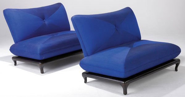 JAMES MONT Pair of armless settees: JAMES MONT Pair of armless settees upholstered in bright blue raw silk on ebonized oak bases. 33" x 50" x 38"