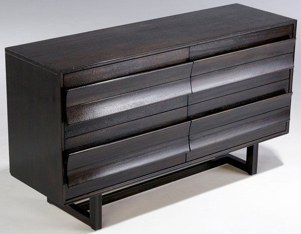 PAUL LASZLO / BROWN SALTMAN Stained oak bureau: PAUL LASZLO / BROWN SALTMAN Stained oak bureau with four drawers. 33 3/4" x 60" x 18"