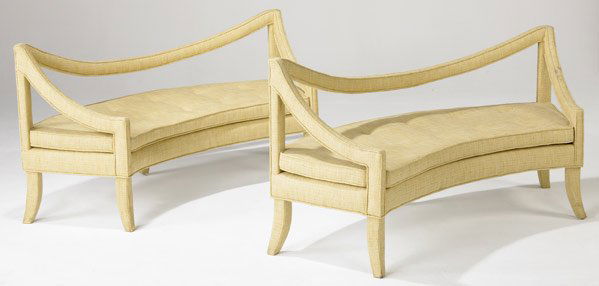 PAUL R. WILLIAMS Pair of custom open-back settees: PAUL R. WILLIAMS Pair of custom open-back settees covered in tan linen fabric, ca. 1954. (Designed for the Fur Salon at Saks Fifth Avenue, Los Angeles.) 29" x 58" x 19"