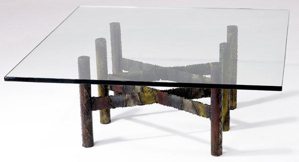PAUL EVANS Occasional table with glass top: PAUL EVANS Occasional table with glass top over patinated steel base. Signed. 16" x 42" sq.