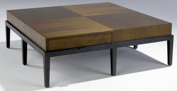 CHRISTIAN LIAIGRE / HOLLY HUNT Coffee table: CHRISTIAN LIAIGRE / HOLLY HUNT Monsieur walnut coffee table with two-drawer checkered top on dark stained base. 16 1/4" x 49" sq.