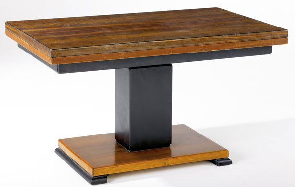 OTTO WRETLING (Swedish) Mixed veneer console table: OTTO WRETLING (Swedish) Mixed veneer console table on mahogany base, the sliding top unfolding to reveal a maple interior with painted designs and rosewood details. Otto Wretling decal. Open: 31" x 88