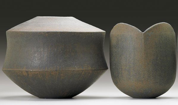 JOHN WARD Two glazed ceramic vessels. Both marked: JOHN WARD Two glazed ceramic vessels. Both marked with artist's cipher. Larger: 8 3/4" x 9 3/4"