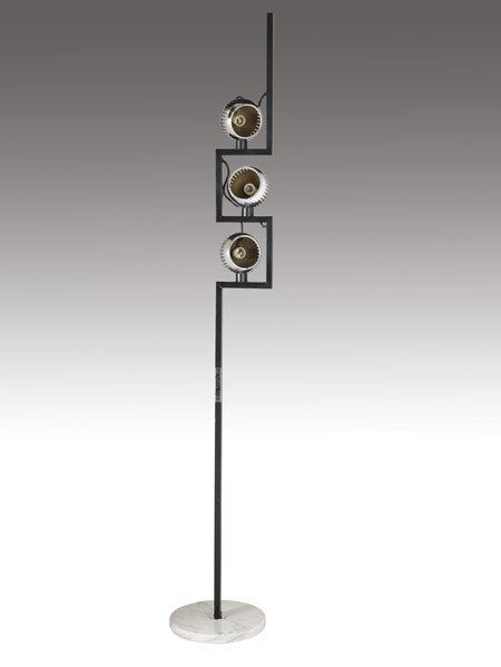 ANGELO LELLI / ARREDOLUCE Floor lamp: ANGELO LELLI / ARREDOLUCE Floor lamp with three chromed metal fixtures on magnetic mounts, the black enameled shaft on gray marble base. 79" x 13" dia.
