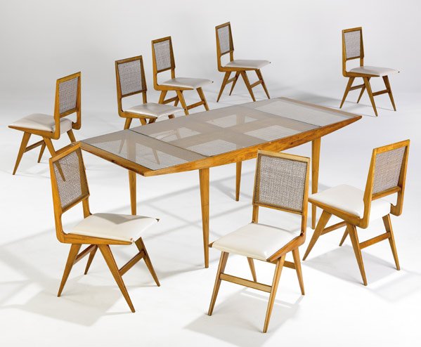 BRAZILIAN 9-pc. Tropical hardwood dining set: BRAZILIAN Dining set, tropical hardwood glass-top table and eight chairs with caned backs, gray vinyl seats and compass legs. Table: 30 1/2" x 78 1/2" x 35"; chairs: 35" x 16" x 20"