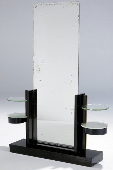 ANDRE SORNAY Mahogany and glass hall mirror: ANDRE SORNAY Stained and lacquered mahogany hall mirror with cloutage detailing, four circular glass tops, two with swing-out drawers, and original full-length mirror. Branded Sornay. 72" x 53" x 12"