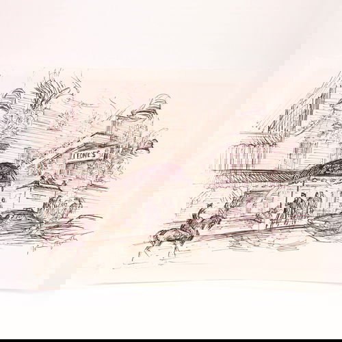 John Groth (American, 20th c.) Leone's Manhattan l: John Groth (American, 20th c.) Leone's Manhattan landmark restaurant, ink on paper, 17" x 21 1/2", signed lower right