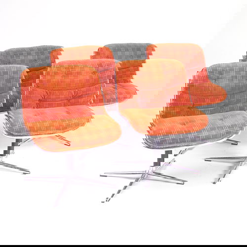 Charles Pollock for Knoll Associates set of four m: Charles Pollock for Knoll Associates set of four molded plastic chairs with velvet upholstery on metal swivel bases. Labeled. 31" x 24" x 29"