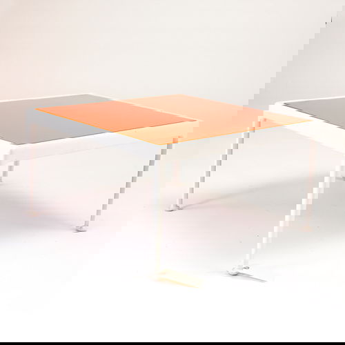 Richard Schultz for Knoll occasional table with wh: Richard Schultz for Knoll occasional table with white enameled frame with orange enameled metal top, 15 1/2" x 28" sq.