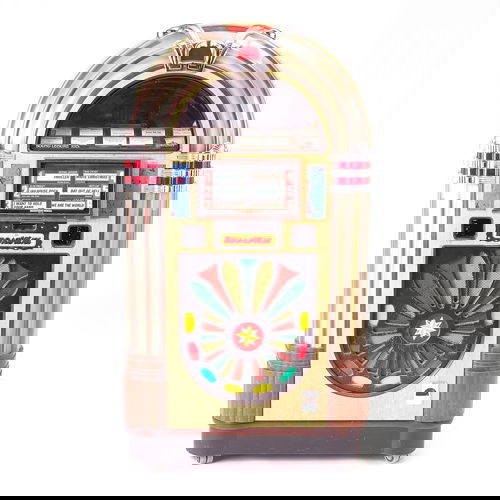 "Broadway" Jukebox vintage floor model with tubula: "Broadway" Jukebox vintage floor model with tubular bubble lighting and veneer case, some adaptation and restoration with one 45 rpm record, (from the Guiness Museum in the Empire State Building.) 60"