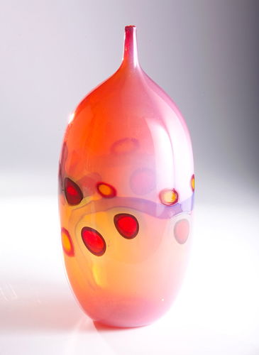 ANSOLO FUGA/AVEM Large and rare glass bottle with: ANSOLO FUGA/AVEM Large and rare glass bottle with narrow opening, in shaded pink with center band of large free-floating murrines and lavender ribbon. Bears Christie's label from June 14, 2000 sale, l