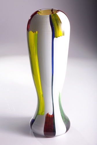 ANSOLO FUGA/AVEM Fine and large patchwork vase of: ANSOLO FUGA/AVEM Fine and large patchwork vase of elongated gourd-shaped form composed of blue, red, yellow and green canes on lattimo ground. Unmarked. 16 3/4" x 5 1/2"