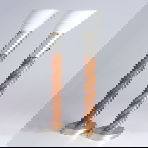 RUSSEL WRIGHT (ATTR.) Pair of carved wood and spu: RUSSEL WRIGHT (ATTR.) Pair of carved wood and spun aluminum table lamps with milk glass inserts. Unmarked. 25 1/2" h.