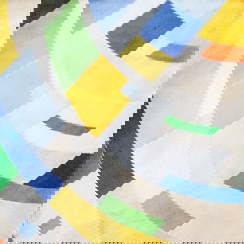 EDWARD FIELDS Large area rug with geometric patte: EDWARD FIELDS Large area rug with geometric patterns in yellow-green, blue and orange. Signed on selvage. 216" x 120".