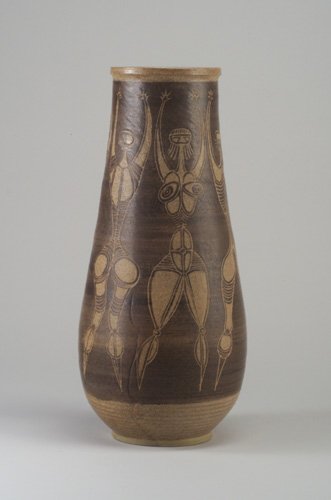 Exceptional AARON BOHROD/F. CARLTON BALL: Exceptional AARON BOHROD/F. CARLTON BALL bulbous floor vase incised with full-height stylized nudes with raised arms, rendered from both front and behind, in speckled beige and brown glazes. Filled-in