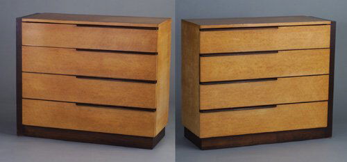 Two GILBERT ROHDE for HERMAN MILLER rose: Two GILBERT ROHDE for HERMAN MILLER rosewood and bird's eye maple veneer four-drawer chests, each with overhanging, off-center horizontal pulls. Some light scratches and minor veneer chips. Stenciled