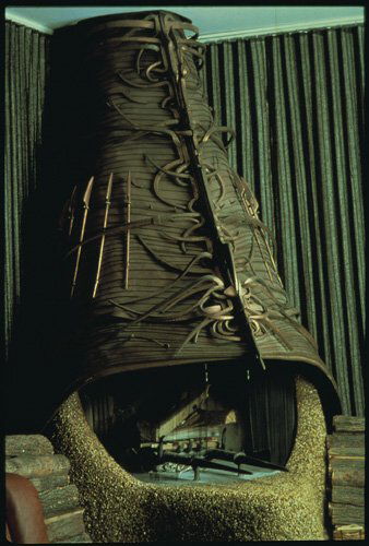 Important ALBERT PALEY fireplace hood of: Important ALBERT PALEY fireplace hood of forged and fabricated mild steel with copper-plating, comprised of four graduated sections of ribbed construction overlaid with organic strapwork. (This is one