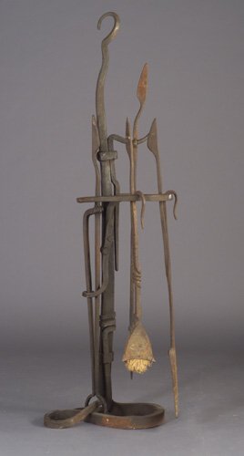 ALBERT PALEY five-piece fireplace tool s: ALBERT PALEY five-piece fireplace tool set, en suite with preceding, comprising a stand with brush, shovel, poker, and log tongs. Unmarked. Stand: 67" x 20"