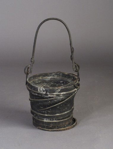 ALBERT PALEY hand-wrought copper coal bu: ALBERT PALEY hand-wrought copper coal bucket with black patina and coiled overlay. Unmarked. Dia.: 14 1/2"