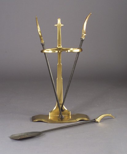ALBERT PALEY four-piece fireplace tool s: ALBERT PALEY four-piece fireplace tool set of forged and fabricated bronze, comprised of a stand with shovel, poker and log tongs, with polished brass finish. Unmarked. Holder: 36 1/4" x 21" x 10 1/4"