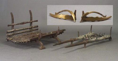 Two ALBERT PALEY steel fire dog frames,: Two ALBERT PALEY steel fire dog frames, one with forged and fabricated bronze finials with polished brass finish. Unmarked. 25" x 45" x 41" and 13" x 21" x 66"