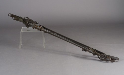 Pair of exceptional ALBERT PALEY forged: Pair of exceptional ALBERT PALEY forged and fabricated steel long door handles of organic design, with dark brown patina. Unmarked. Approx. 74 1/4"