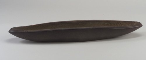 Rare RUSSEL WRIGHT for BAUER elongated c: Rare RUSSEL WRIGHT for BAUER elongated centerbowl covered in dark brown matte glaze with glossy turquoise to bottom of interior. Impressed "Russel Wright". 3" x 24 1/2"