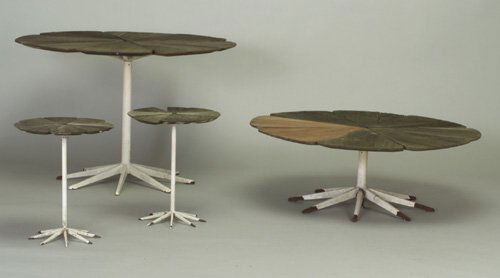 Four RICHARD SCHULTZ for KNOLL "Petal" t: Four RICHARD SCHULTZ for KNOLL "Petal" tables: one dinette, one coffee, and two side, each with redwood top and white enameled pedestal base. In as-found condition. One has Knoll Associates label. 28"