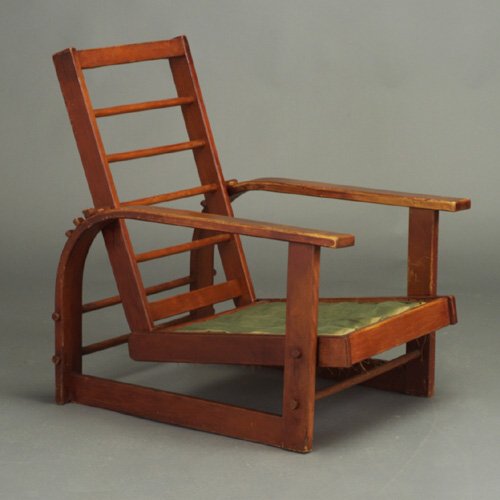 RUSSEL WRIGHT for CONANT-BALL armchair: RUSSEL WRIGHT for CONANT-BALL "American Modern" Morris armchair with open, bentwood sides, dowel stretchers, and spring seat support. Some finish wear. Branded mark. 36 1/4" x 26 1/2" x 33 1/2"