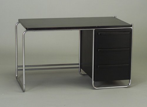 WOLFGANG HOFFMANN for HOWELL single-pede: WOLFGANG HOFFMANN for HOWELL single-pedestal desk with black enameled rectangular top, tubular chrome frame, and three drawers with horizontal pulls. Pedestal and drawers have been re-painted. Howell