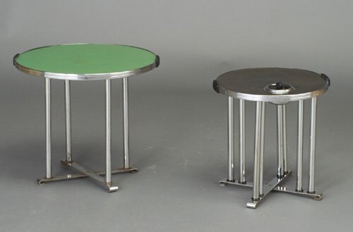 Two WOLFGANG HOFFMANN for HOWELL occasio: Two WOLFGANG HOFFMANN for HOWELL occasional tables with tubular chrome legs on cruciform bases, one with green laminate top, the other in black with built-in ashtray. A few small bubbles to black lami