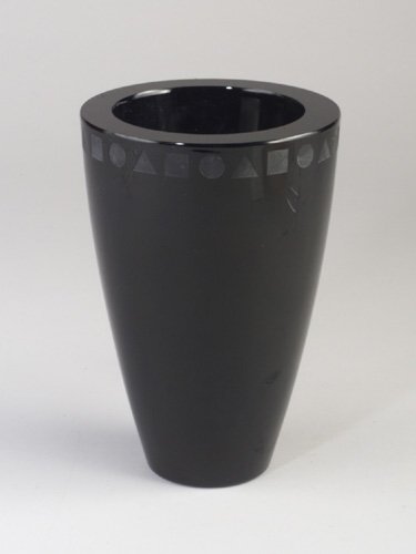 WARD BENNETT thick-walled black glass va: WARD BENNETT thick-walled black glass vase, its rim etched with circles, squares, and triangles. A few minute nicks to interior of rim. Bottom etched "SASAKI". 9" x 6"