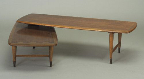ANDRE BUS for LANE oak and walnut veneer: ANDRE BUS for LANE oak and walnut veneer two-part swivel coffee table from the "Acclaim" series, 1960s, with large simulated dovetails and tapering dowel legs. Branded mark. 14 1/2" x 53" x 19 3/4"