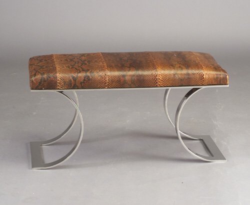 Fine KARL SPRINGER bench with snakeskin-: Fine KARL SPRINGER bench with snakeskin-upholstered cushion on polished steel base with curved legs. Unmarked. 18 1/2" x 36" x 15 1/4"