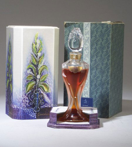 "Ode," a BACCARAT perfume bottle for Gue: "Ode," a BACCARAT perfume bottle for Guerlain, circa 1955, in clear and frosted crystal, sealed, with label, box and outer box. Stenciled BACCARAT. Ht. 7 1/2 in (18.8 cm)