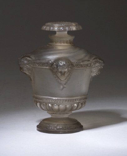 R. LALIQUE "Bouquet de Faunes" perfume b: R. LALIQUE "Bouquet de Faunes" perfume bottle for Guerlain, circa 1910, in frosted glass with gray patina. Minor chip. M p. 940, No. 1. Ht. 4 in (10 cm)