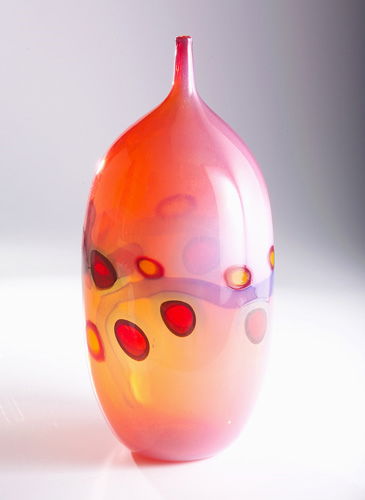 ANSOLO FUGA/A.V.E.M. Rare and large bottle with na: ANSOLO FUGA/A.V.E.M. Rare and large bottle with narrow opening, of shaded pink glass with center band of large free-floating murrines and lavender ribbon. Bears Christie's label from June 14, 2000 sal