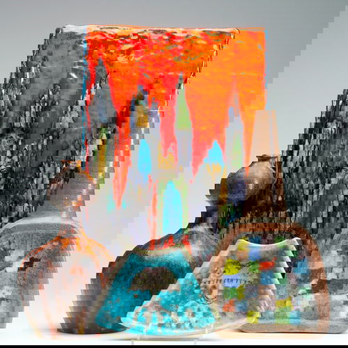 GAMBONE/RAYMOR Etc. Four Italian ceramic pieces: GAMBONE/RAYMOR Etc. Four Italian ceramic pieces: large Schiavon four-sided vase painted with a cityscape in bright majolica glazes; Gambone ashtray with octopus; Raymor gourd-shaped vase in black and