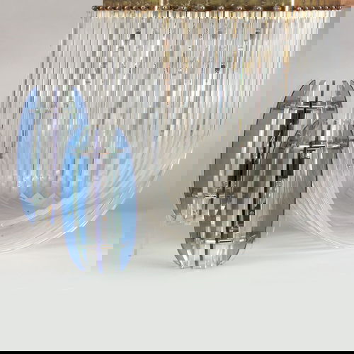 VECA (Italy), Etc. Three lighting fixtures: pair: VECA (Italy), Etc. Three lighting fixtures: pair of Veca wall sconces with single socket, and blue and light green glass panes mounted on a chrome frame; and a large chandelier on brass frame, with tw