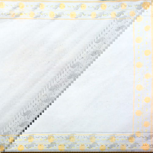 EDWARD FIELDS Room-size wool area rug with floral: EDWARD FIELDS Room-size wool area rug with floral border in yellow and green on a tan ground. Signed on selvage. 140" x 117".