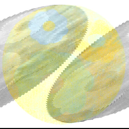 EDWARD FIELDS Circular wool area rug with Pop art: EDWARD FIELDS Circular wool area rug with Pop art flowers in yellow and white on a beige ground. Signed on selvage. 84" dia.