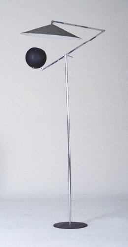 ROBERT SONNEMAN Floor lamp with polished: ROBERT SONNEMAN Floor lamp with polished chrome frame and two fixtures mounted on an angular top, one flaring and the other spherical, on cast-iron base. Marked. 69" x 21"