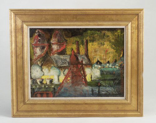 EVERETT LONGLEY WARNER (American, 1877-1: EVERETT LONGLEY WARNER (American, 1877-1963) Untitled oil on masonite, c. 1960s, industrial scene. Mounted in gilded frame. Signed lower right. Sight: 11 3/4" x 15 3/4"