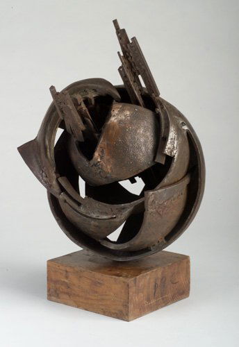 Bronze sculpture in the style: Bronze sculpture in the style of Albert Paley of a segmented sphere with linear projections and random copper and silver-patinated flashes, mounted on a square wooden base. 21 1/4" h