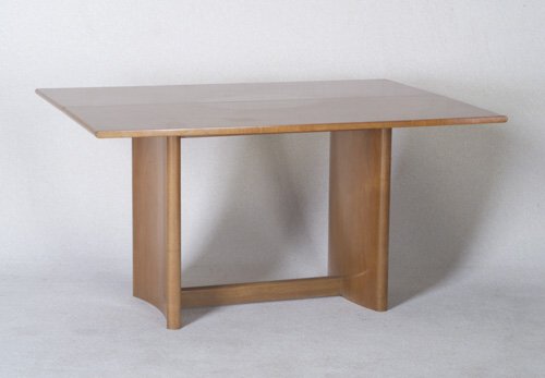 GILBERT ROHDE Fine HERMAN MILLER table w: GILBERT ROHDE Fine HERMAN MILLER table with hinged parquet top on curved plank legs with bottom stretcher. Marked with stenciled number. Open: 28" x 54" x 40"