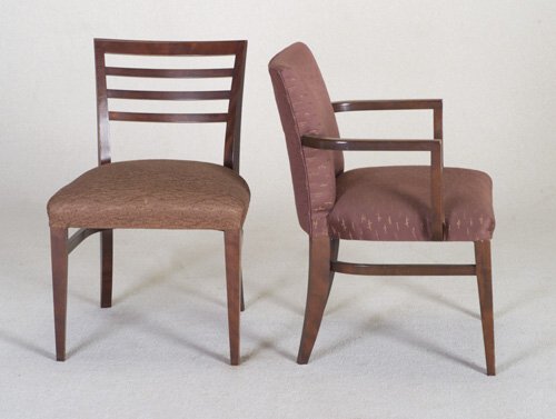 GILBERT ROHDE Six for HERMAN MILLER dini: GILBERT ROHDE Six for HERMAN MILLER dining chairs, two arm- and four side-, each re-upholstered in dark brown patterned fabric on dark-stained wood frame. Unmarked. Armchairs: 31" x 23" x 21"