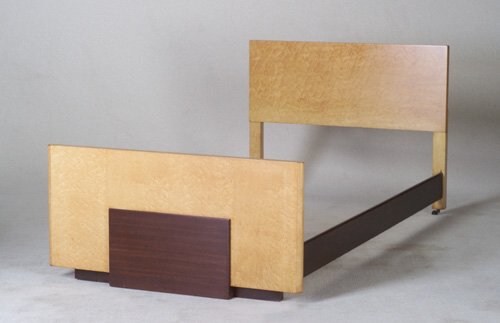 GILBERT ROHDE Pair of HERMAN MILLER twin: GILBERT ROHDE Pair of HERMAN MILLER twin beds in walnut and bird's eye maple veneer. 33" x 41" x 79"