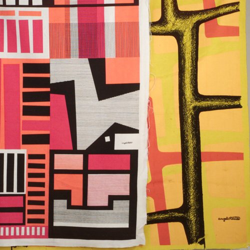 ANGELO TESTA: Two fabric wall-hangings: one with orange, red, black and yellow hair fiber design, the other with geometric and architectural forms in fuchsia, pink, orange and black on a white ground. Some minor so